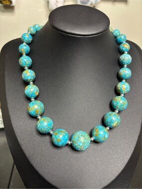 Boho Turquoise Bead Statement Necklace - Blue & Gold Silver Tone
